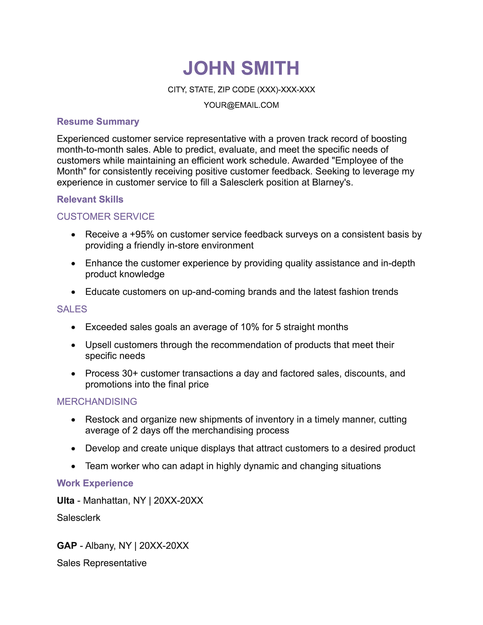 An example of a functional resume layout on a simple template with dark purple header text.