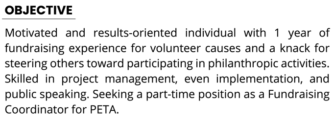A fundraiser resume objective example with a black, underlined header