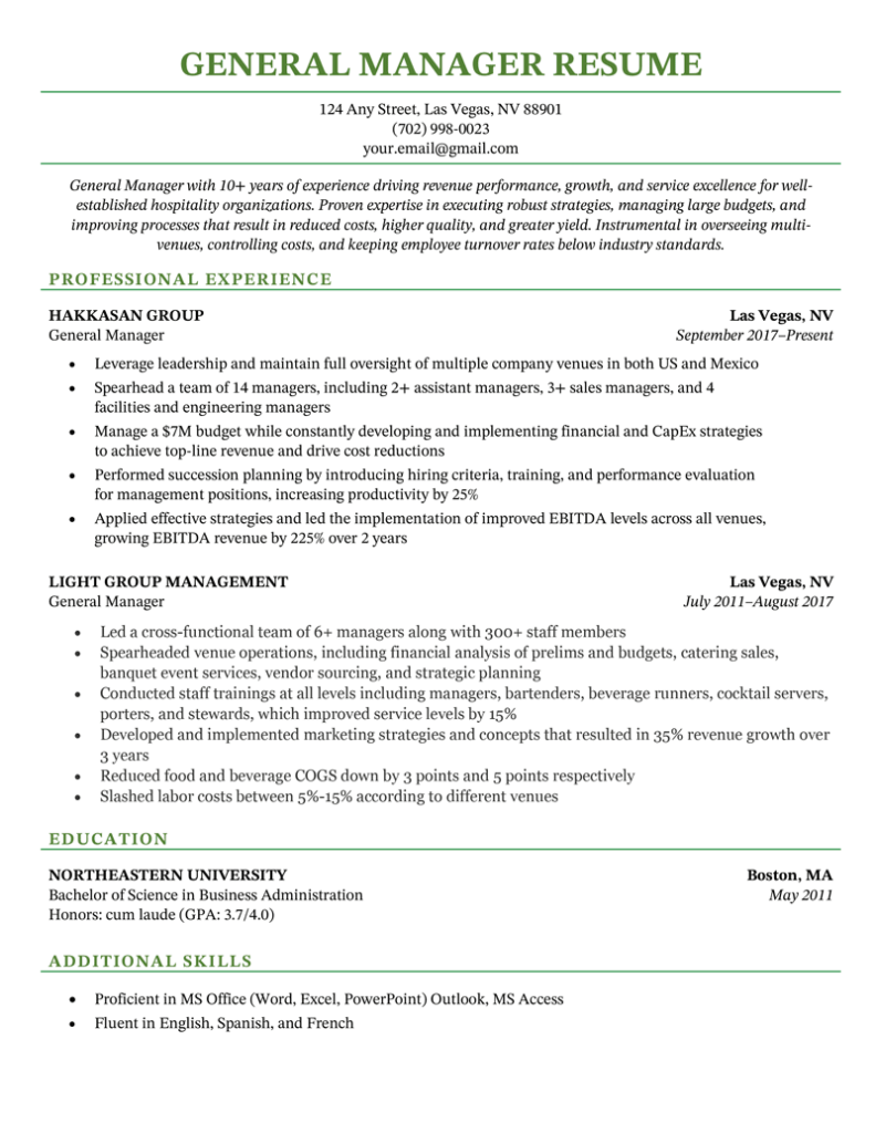 job description for general manager on resume