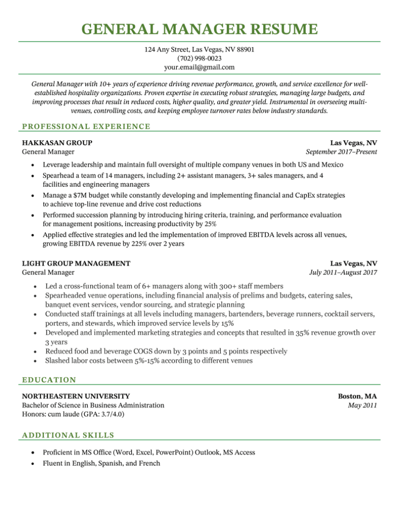 Resume For General Manager Position