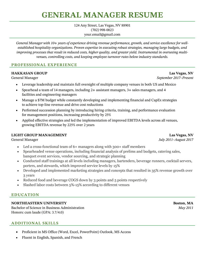 assistant general manager job description restaurant resume