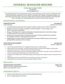 An example resume for a general manager with experience driving growth and revenue increases.