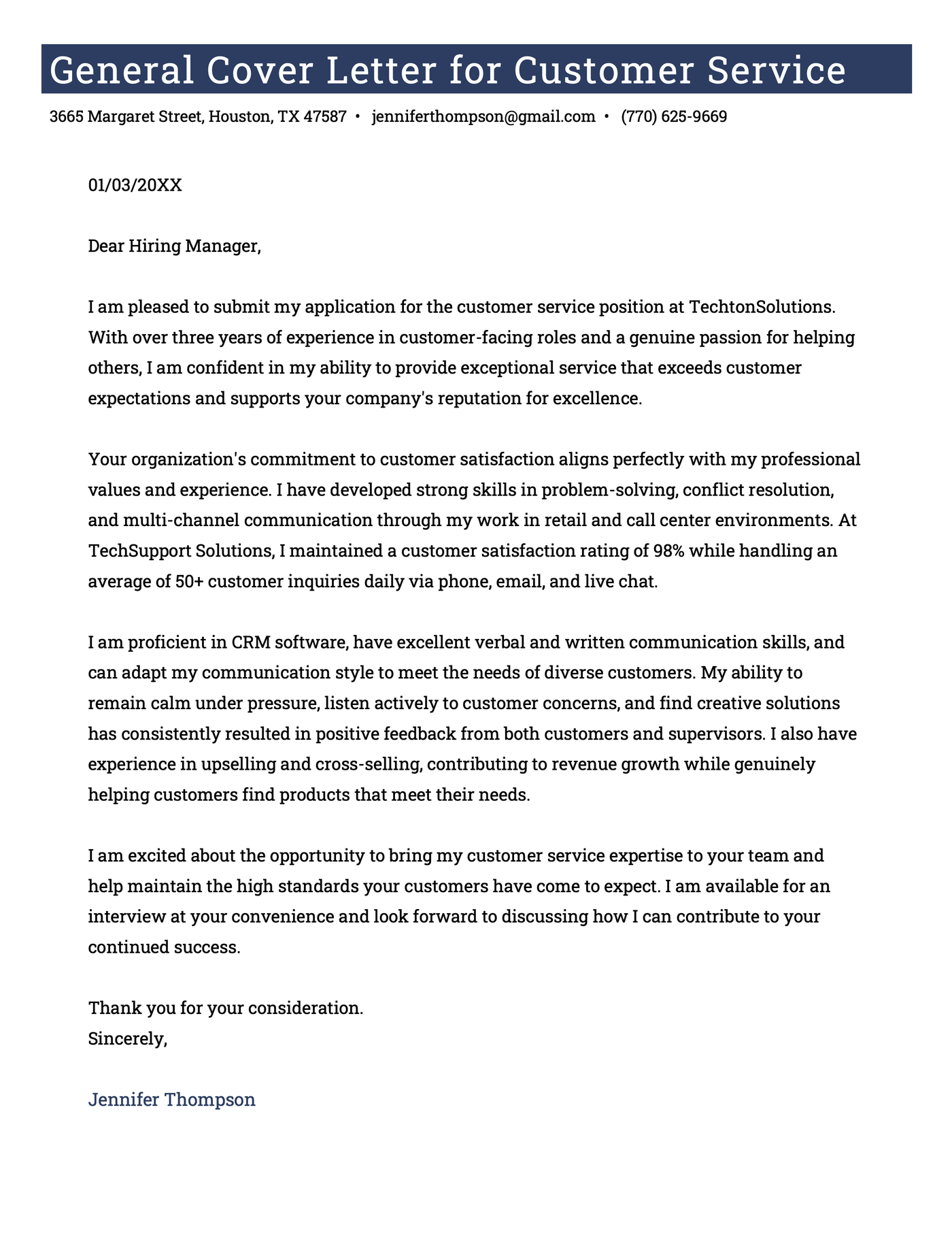 A good example of a generic cover letter for work in customer service.