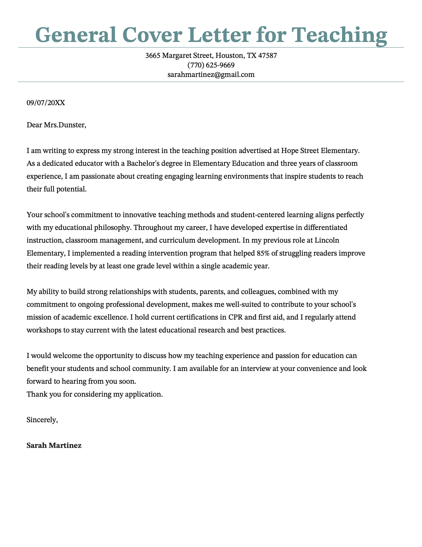 A good example of a generic cover letter for work in teaching and education.