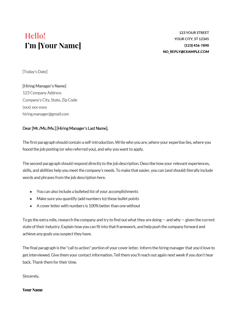 An example of the "Coral" cover letter template for Google Docs