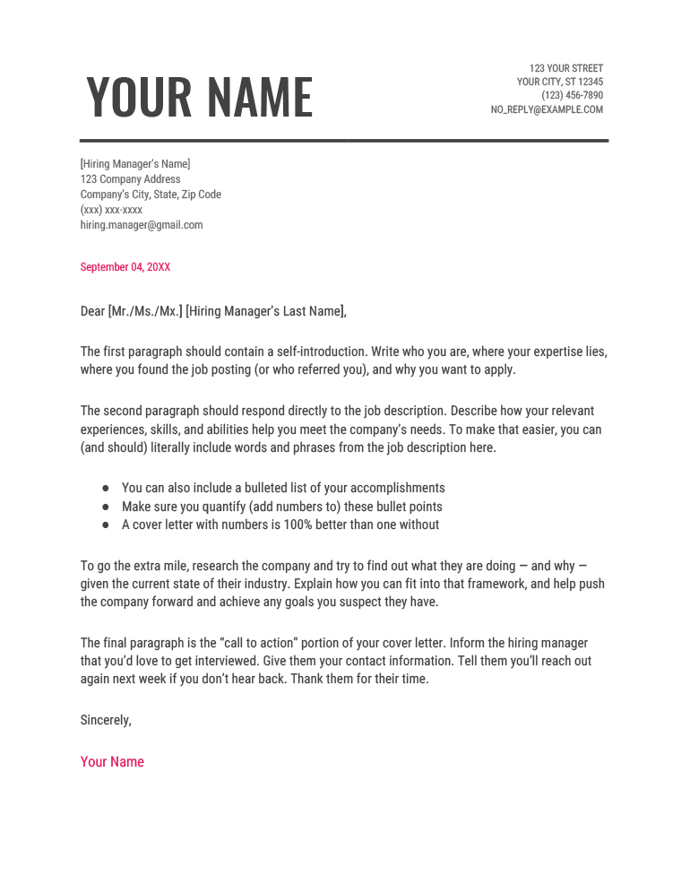 A sample of the "Modern Writer" Google Docs cover letter template