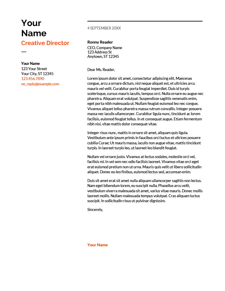 An example of the "Swiss" Google Docs cover letter template