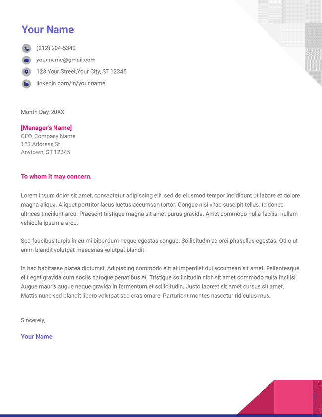 An example of the "Geometric" Google Docs cover letter template
