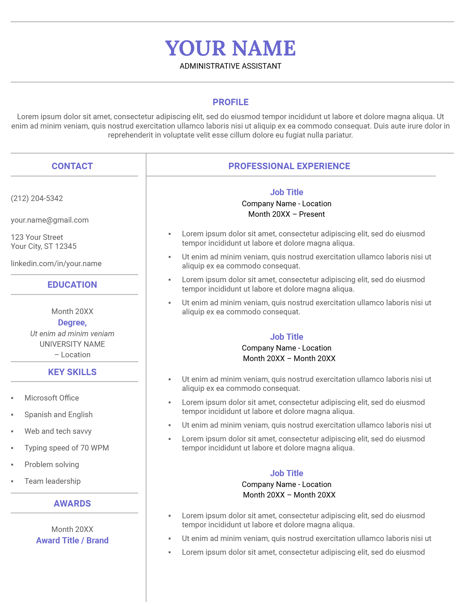 An example of the Canvas resume template for Google Docs