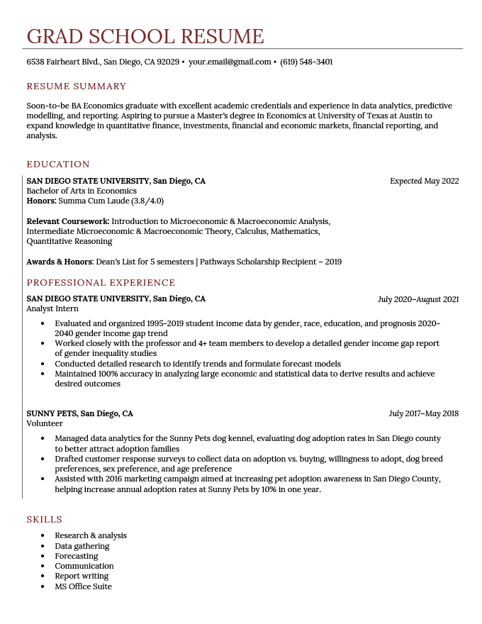 An example of a grad school resume