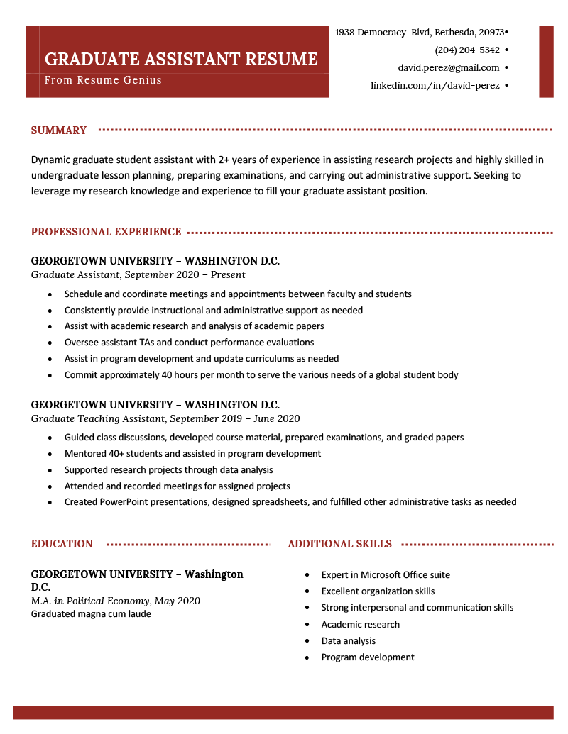 graduate assistant resume sample