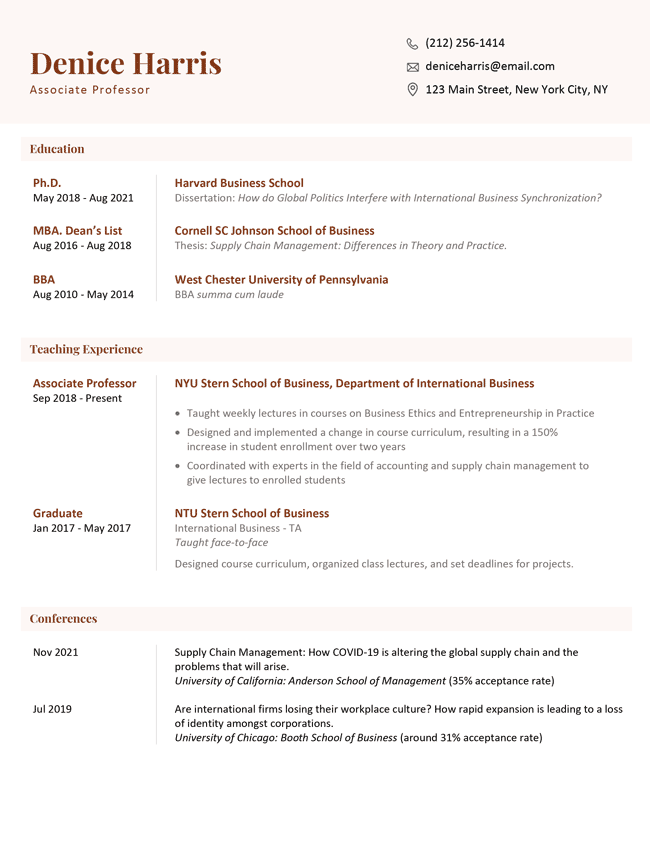 The Graduate CV template, which features light red shaded header bars, a tasteful mix of serif and sans-serif fonts, and bright red text in the headings