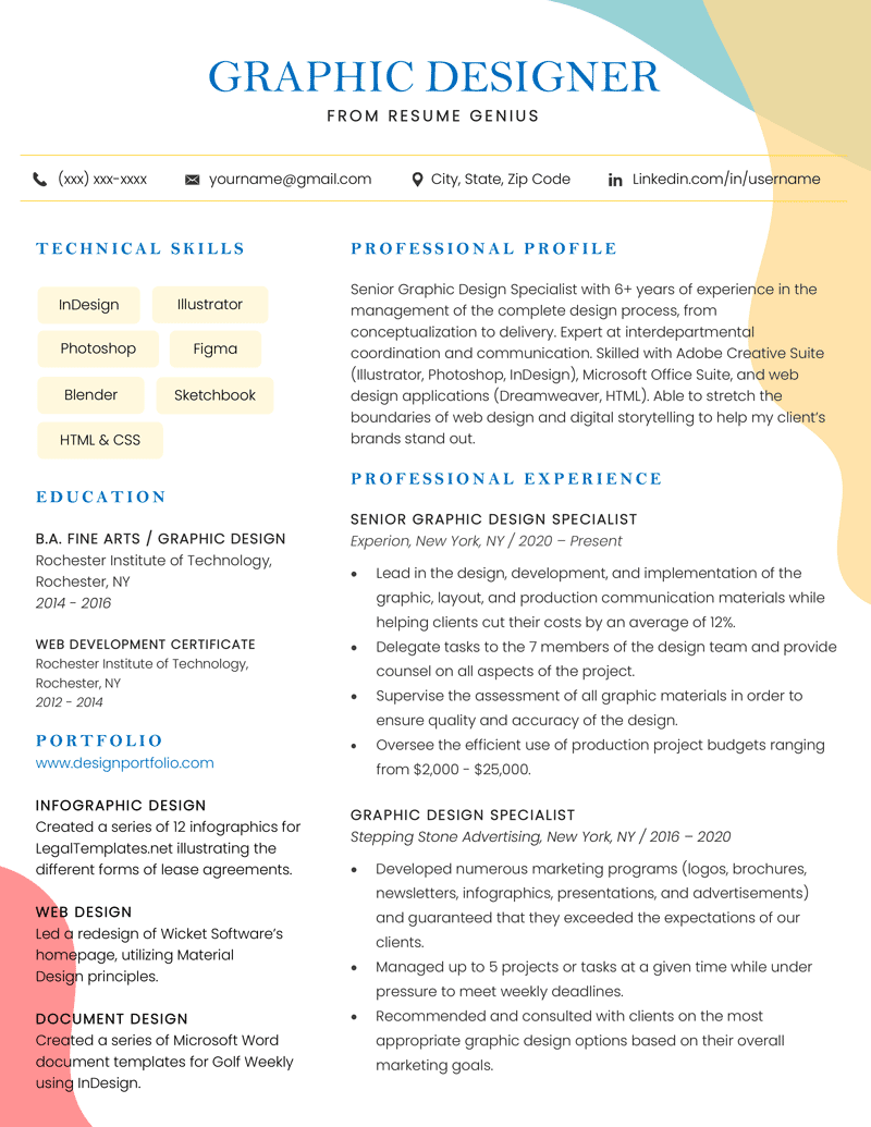 Example of a graphic design resume.