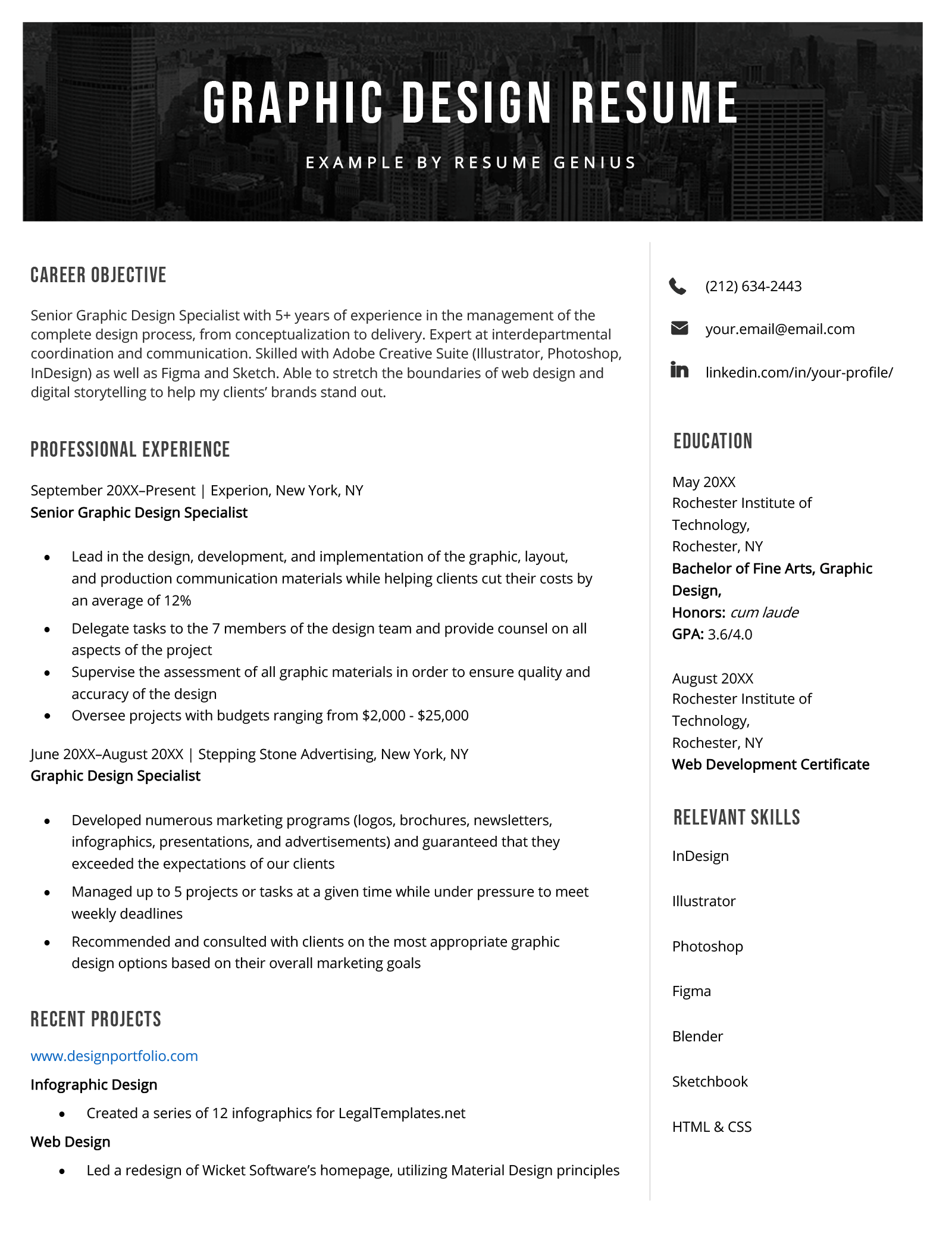 Example of a resume for a graphic designer, using a unique creative design