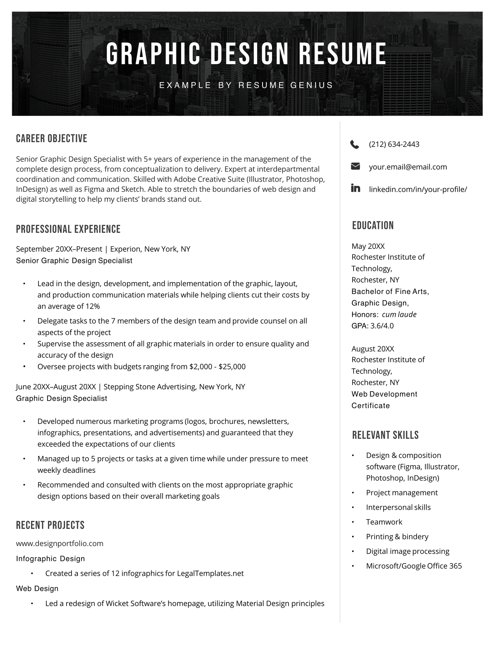 An example resume for a graphic designer.