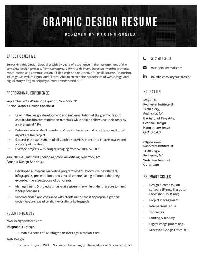 An example resume for a graphic designer.