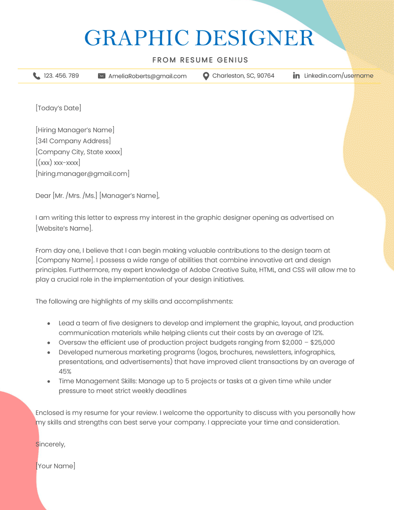 A graphic designer cover letter example template with colorful accents in the top-right and bottom-left corners