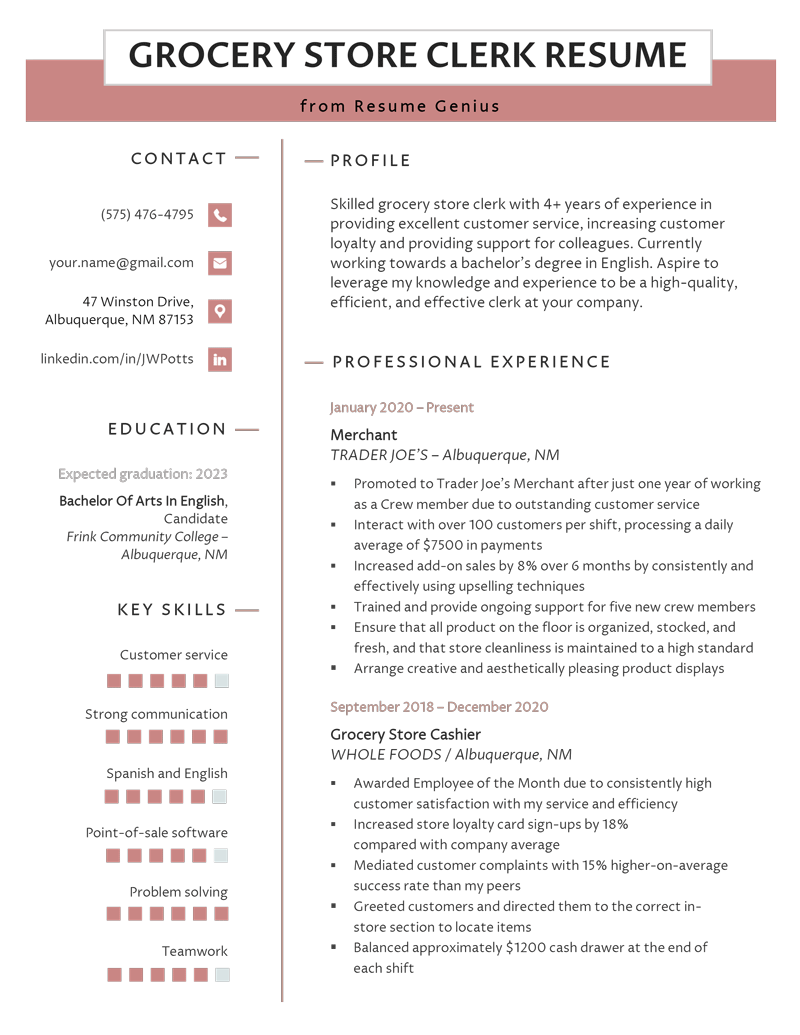 Example of a grocery store resume.