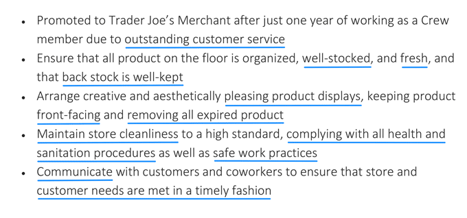 Example of a work experience section targeting the grocery store job description.
