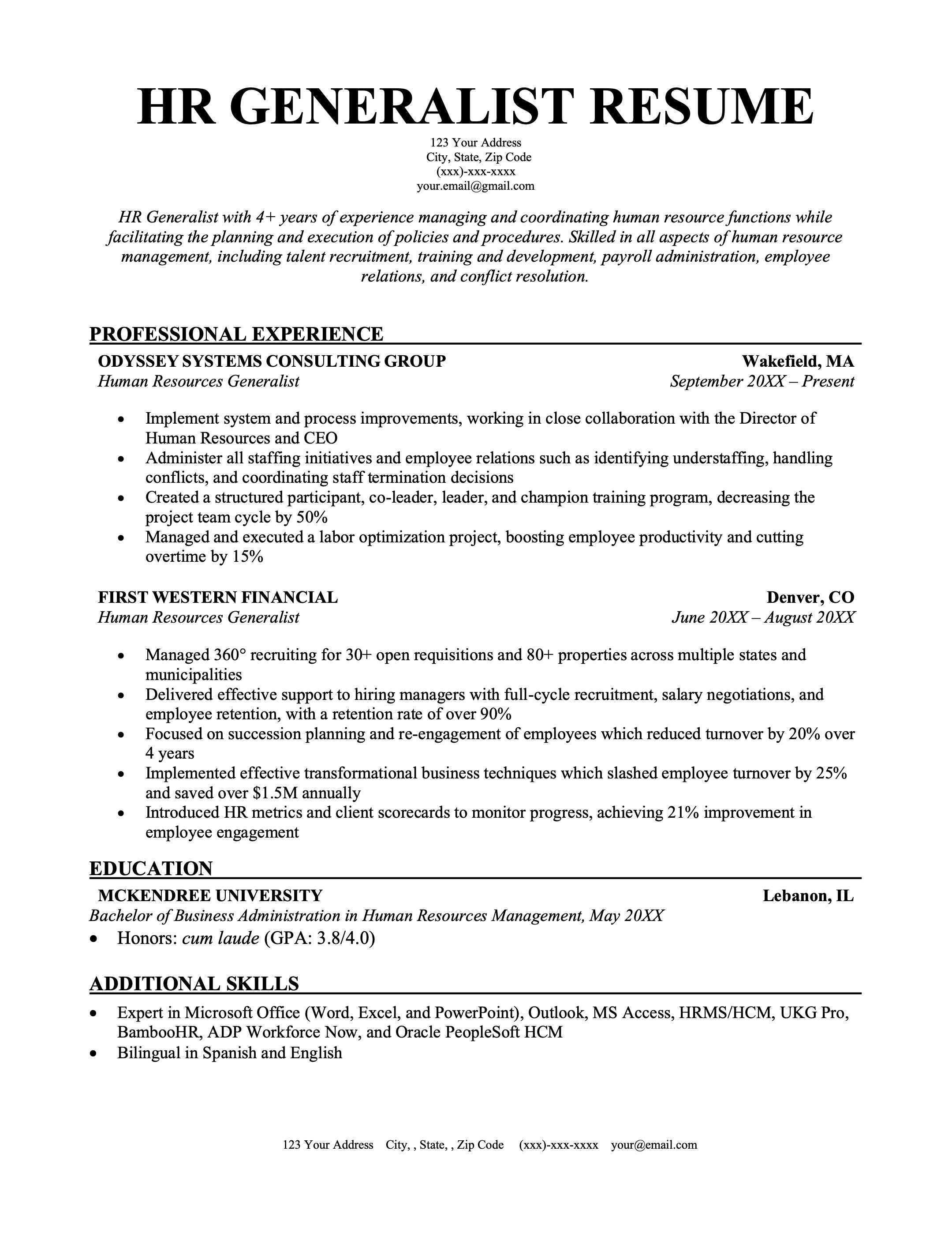 professional hr resume format