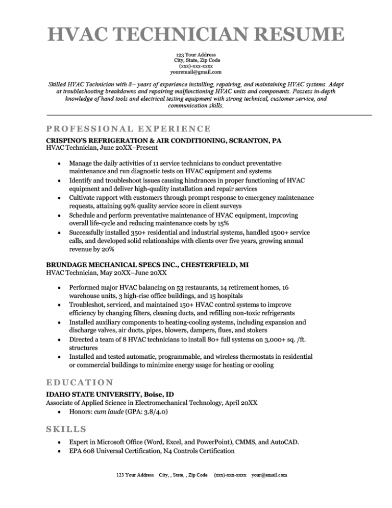 entry level hvac resume examples