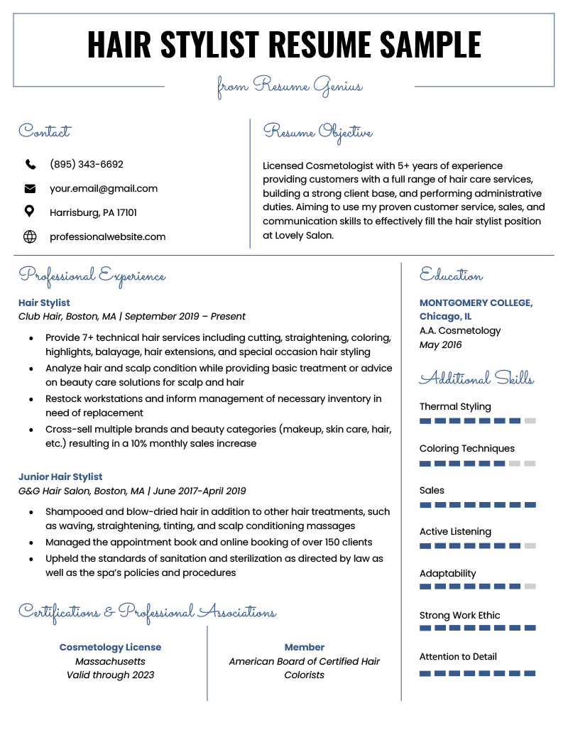 Example of a hair stylist resume.