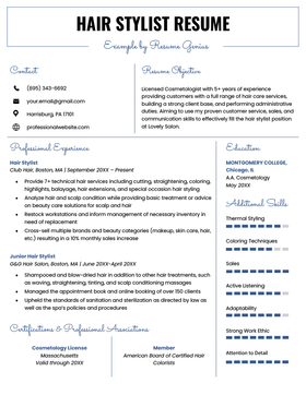 Example of a hair stylist resume.