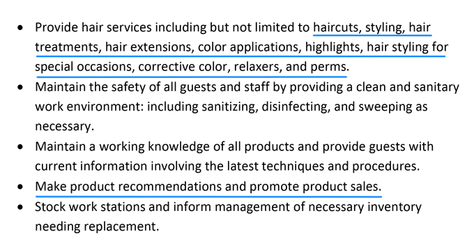 Example of a hair stylist job description from a job listing.