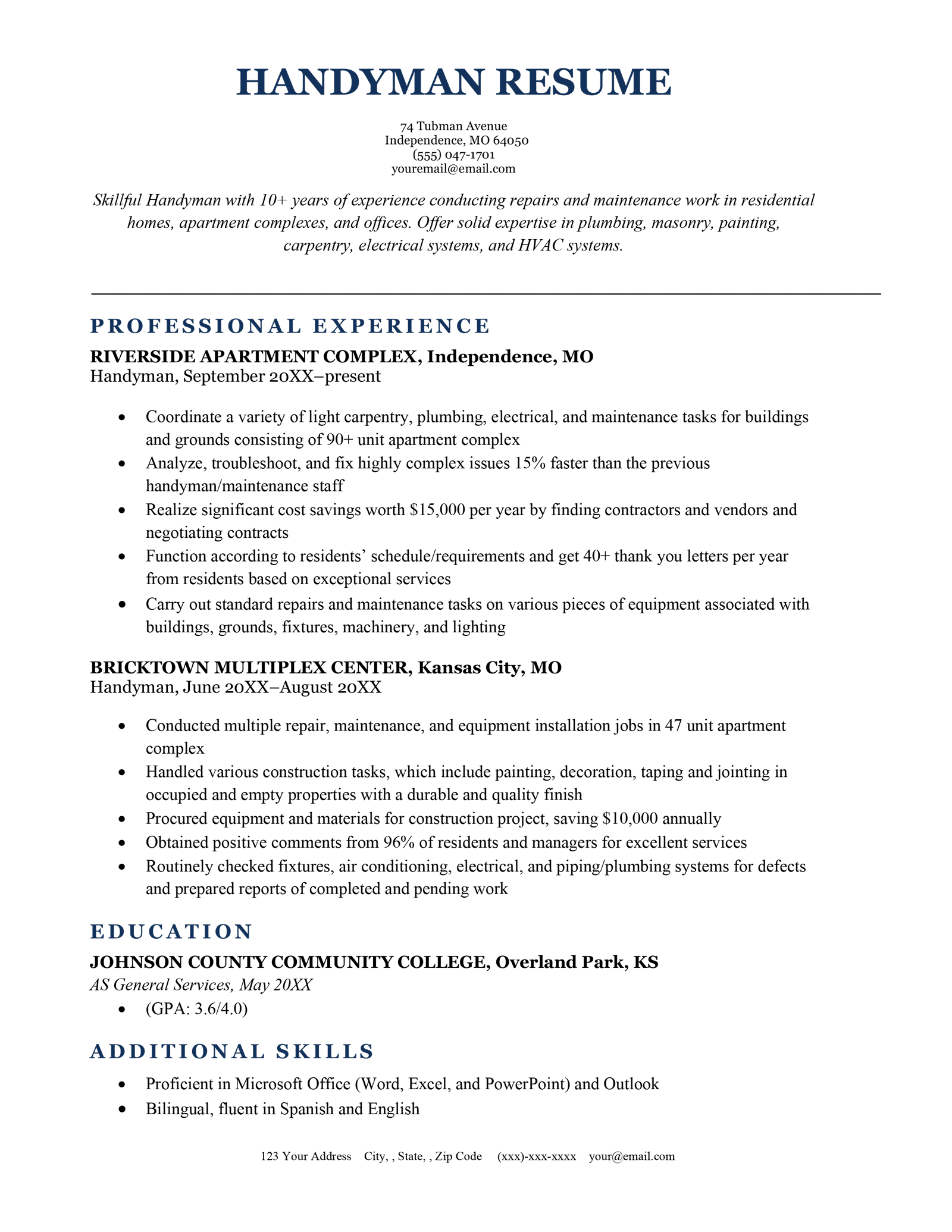 functional resume for handyman