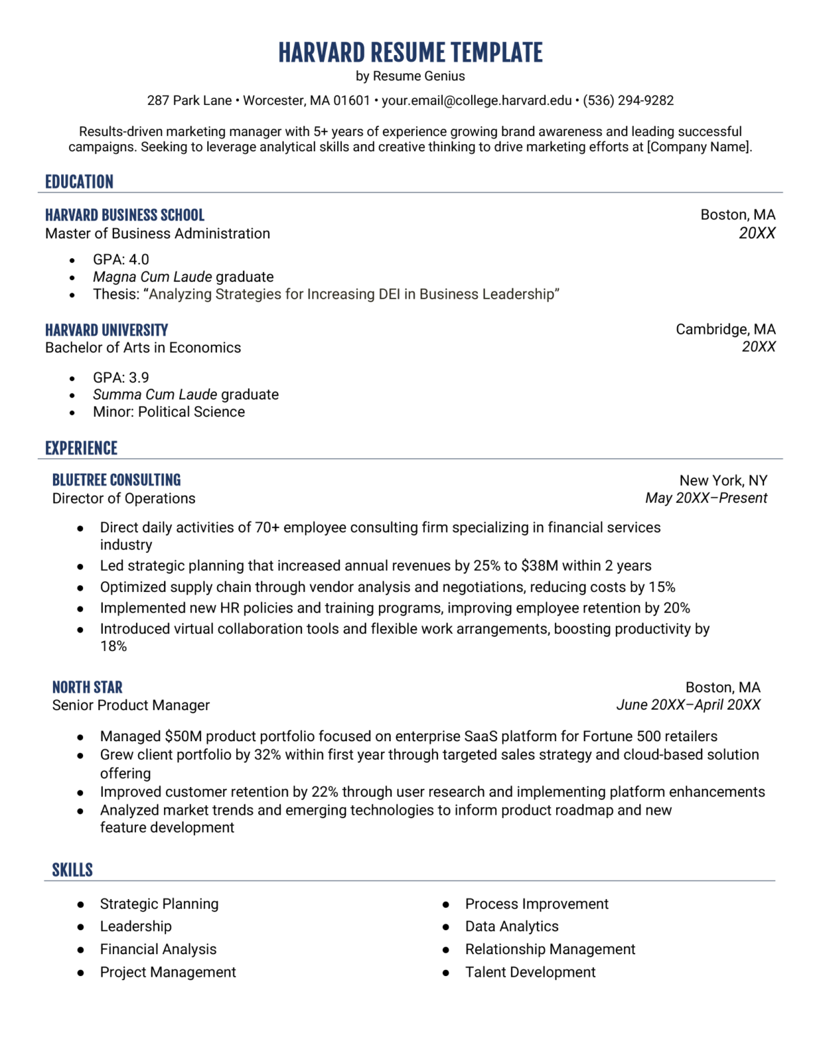 student resume template harvard