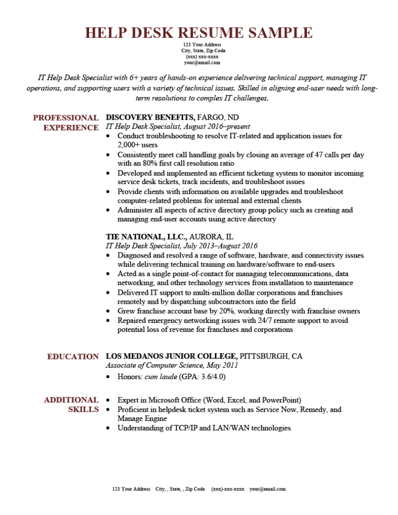 help desk lead resume