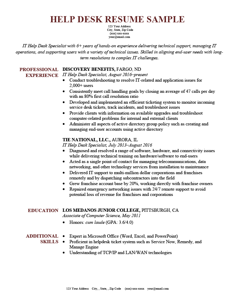 technical support or help desk resume