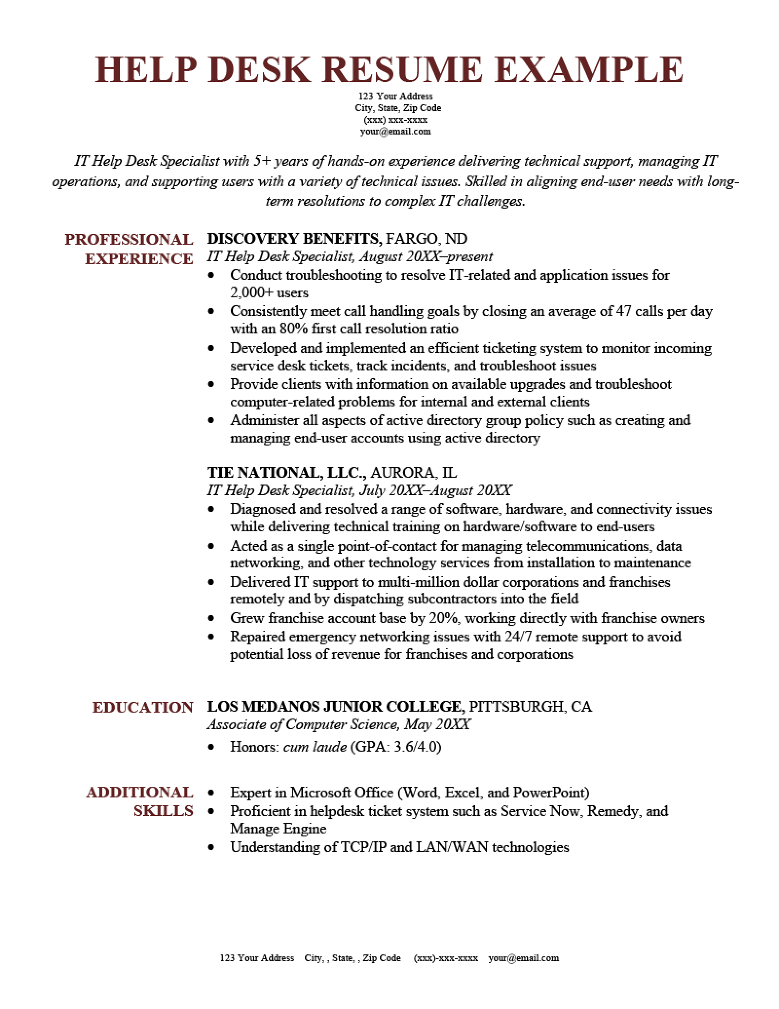 Help Desk Resume Sample Template