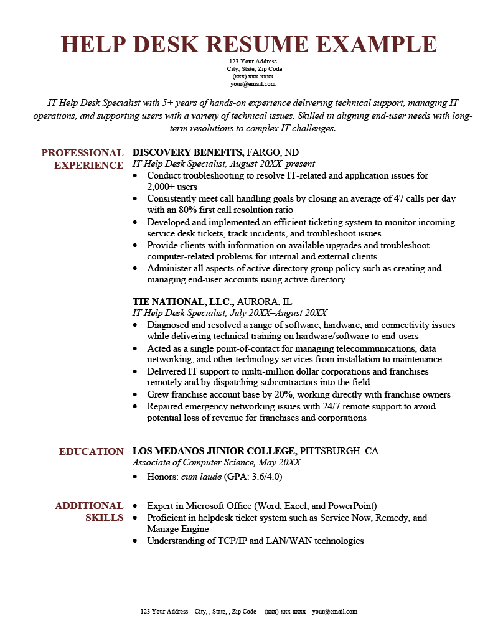 help desk skills list for resume