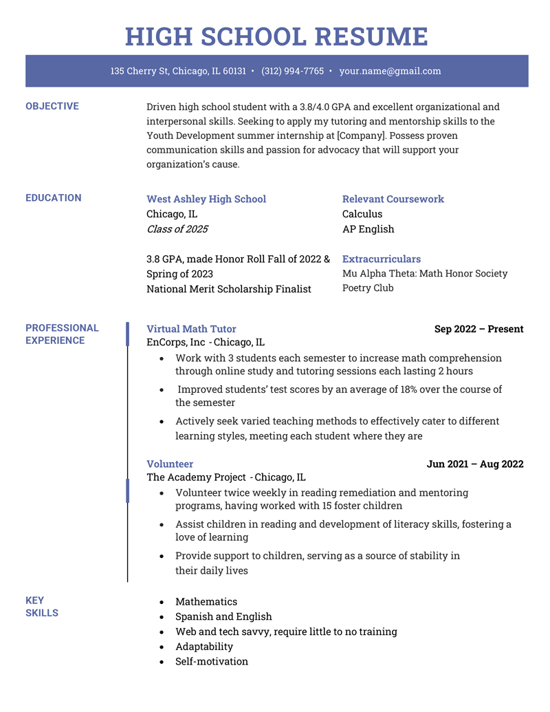 Example of a high school student resume with blue color accents that highlights the candidate's relevant experience and skills.