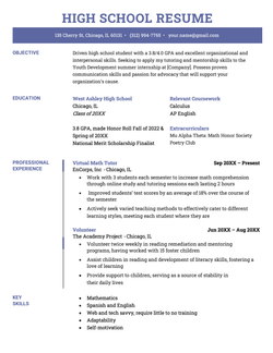 Example of a high school student resume with blue color accents that highlights the candidate's relevant experience and skills.