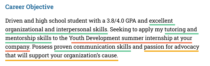 Example of a high school resume career objective.