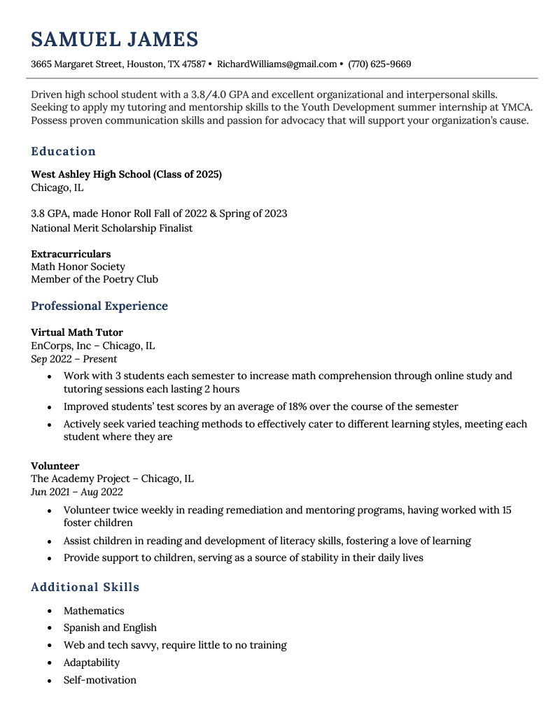 Example of a resume written by a high school student for a volunteer job