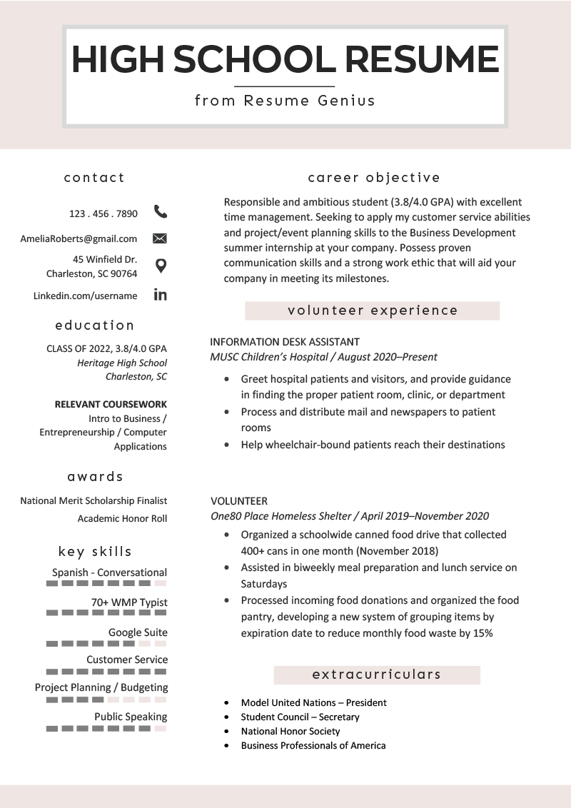 High School Resume Examples & Writing Tips  Resume Genius For High Resume Templates What To Look For