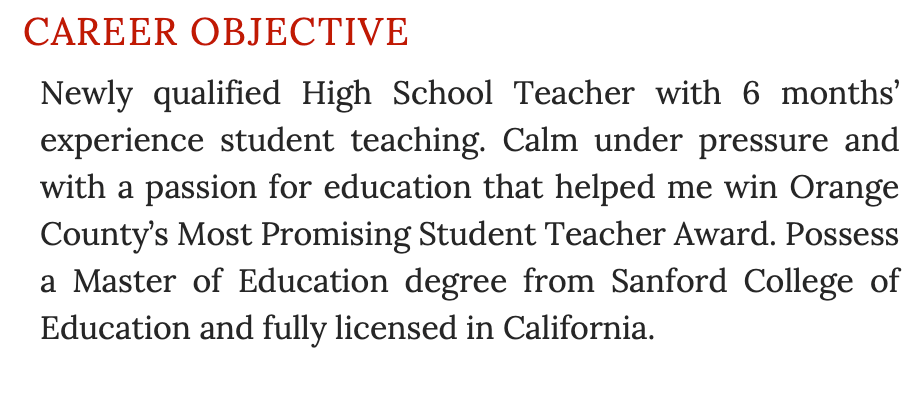 High School Teacher Resume Objective