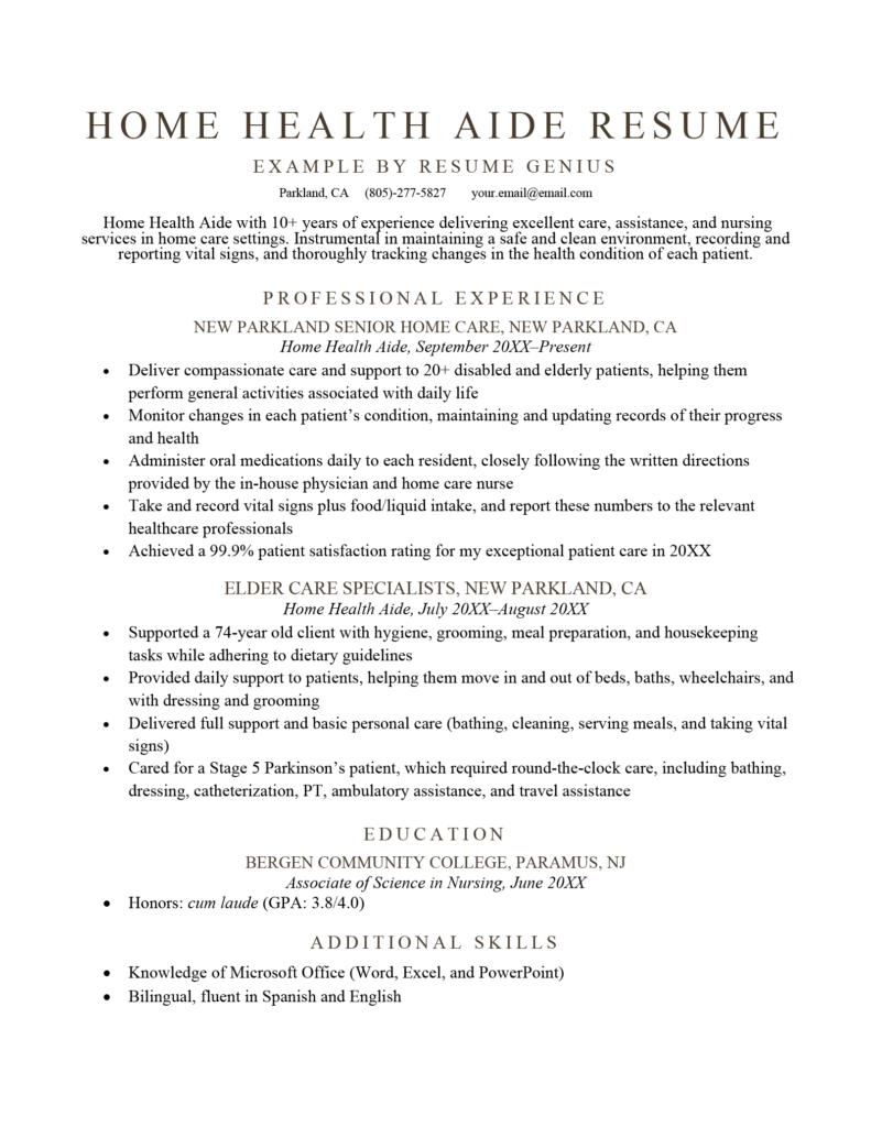 resume sample health care aide