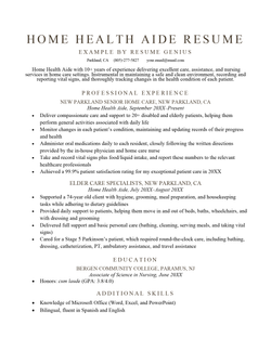 Home Health Aide Resume Sample