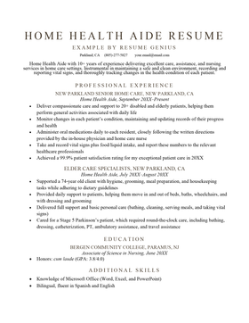 Home Health Aide Resume Sample