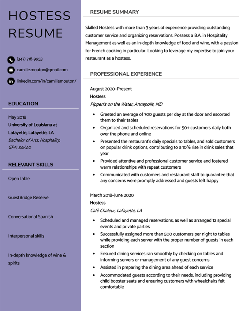 Restaurant Hostess Job Description Resume