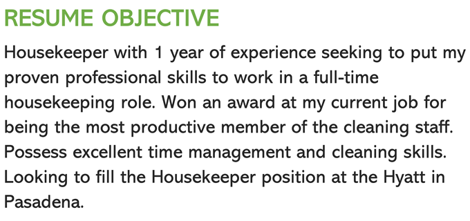 A housekeeper resume objective example with a green header