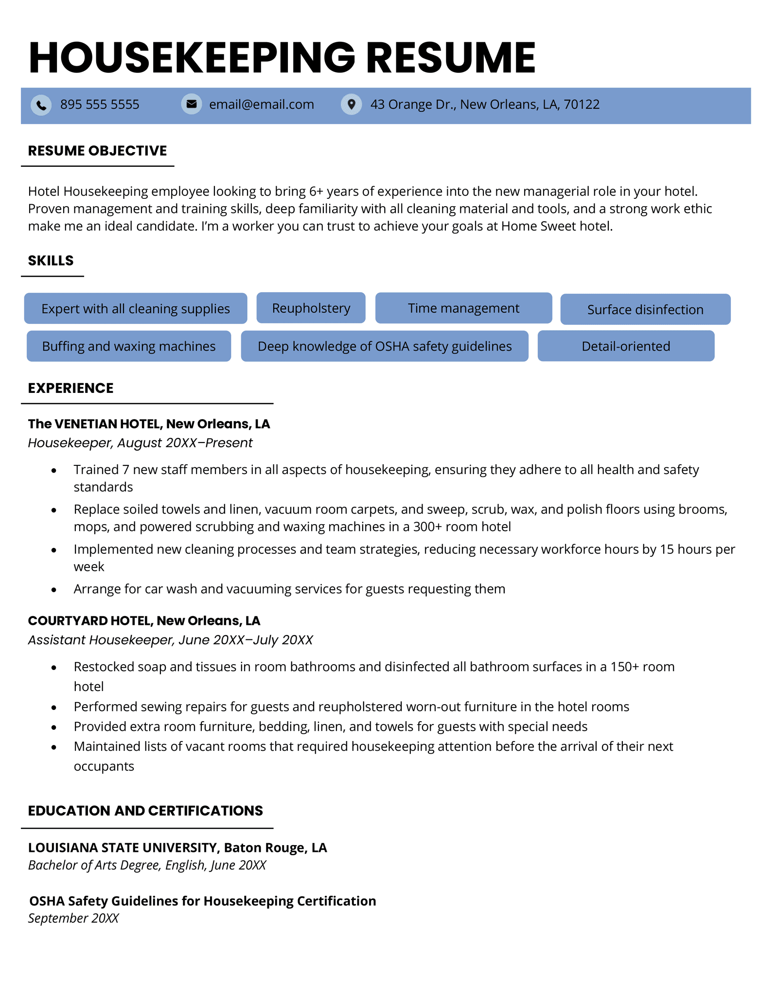 A housekeeping resume sample with violet highlights and skills near the top in a hybrid resume format