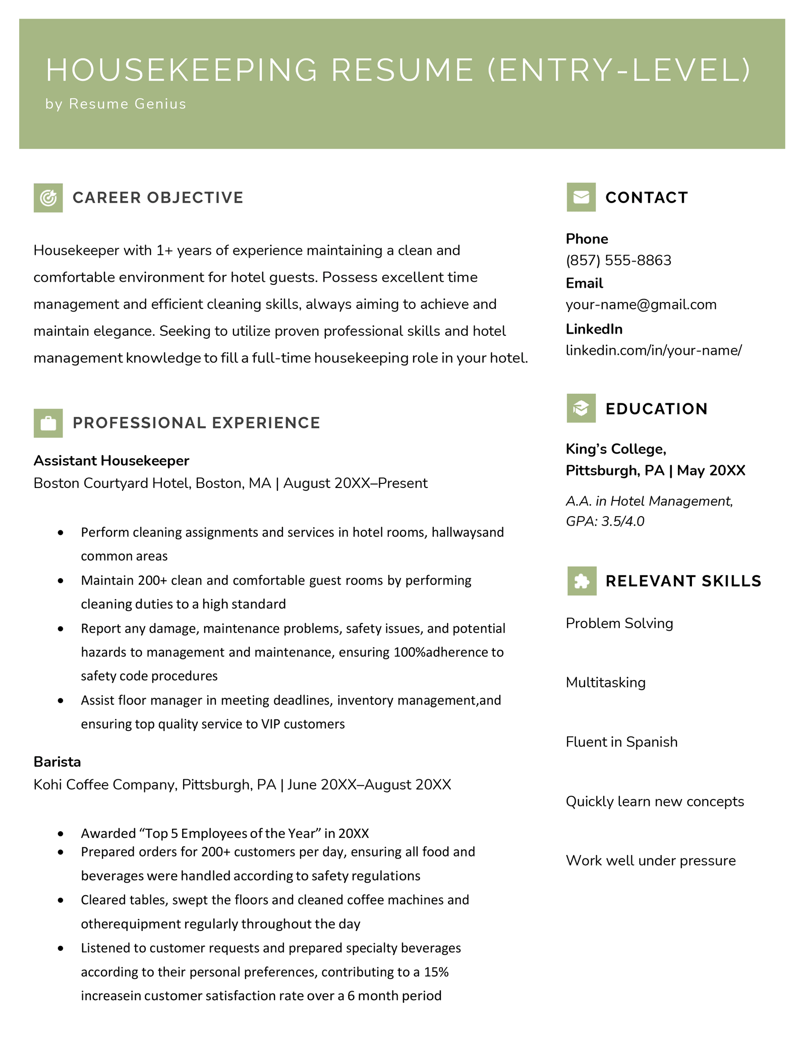 A housekeeping resume with no experience