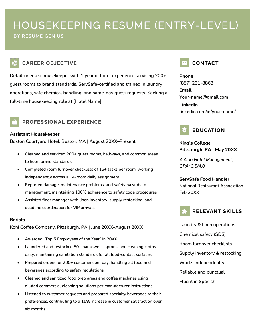 An entry level housekeeping resume with little experience