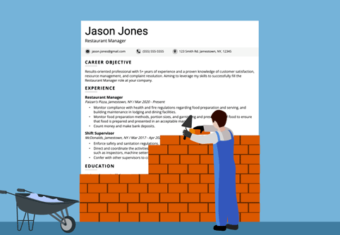 A cartoon character building a brick wall with a resume in the background to illustrate how to build a resume