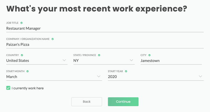 A screenshot that shows how to build a resume work experience section with an online resume generator
